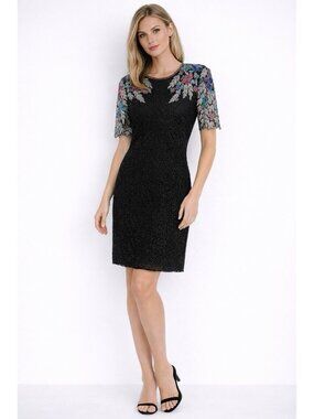 vintage 90s SCALA silk beaded dress floral cocktail MEDIUM sequin evening party